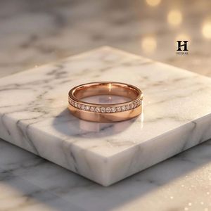 Bague de mariage minimaliste en diamant taille ronde, or blanc 14 carats, sertie pavé, bague d'anniversaire asymétrique pour homme et femme - Product Image 2