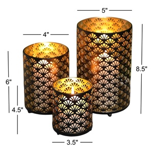 Matte Black And Gold Metal <b>Lanterns</b> With Scallop Laser Cut Pattern <b>Set</b> Of 3 Cylindrical Votive Holder For Festive Ambiance - Product Image 6