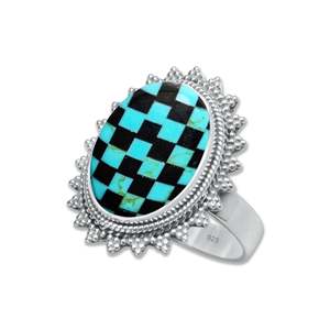 Handmade Checkerboard Turquoise Sterling <b>Silver</b> Bezel Setting Checkered <b>Adjustable</b> Statement <b>Ring</b> for Women Wedding Party - Product Image 6