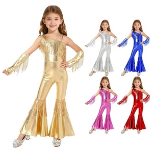 Costume de danse jazz disco pour filles de 6 à 16 ans, combinaison évasée à taille haute avec gants pour banquets, concours et spectacles - Product Image 1
