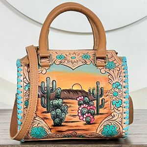 New Designer Pattern Hand <b>Tooled</b> Genuine Cowhide Leather <b>Small</b> Speedy Bag Desert Cactus Design Overnight Travel Bag for Unisex - Product Image 4