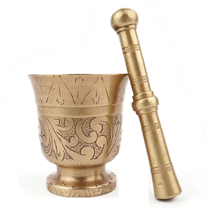 Pure Brass Mortar And Pestle With Cow Engraving And Polish Finished For Manual <b>Coffee</b> And Spices <b>Grinder</b> Imam Dasta - Product Image 5