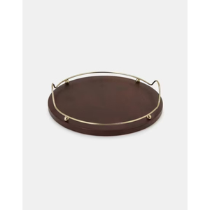 Plateau de service rond en cuir de luxe avec poignées en laiton, plateau ottoman décoratif artisanal en bois pour la décoration de la maison, de l'hôtel et du restaurant - Product Image 2