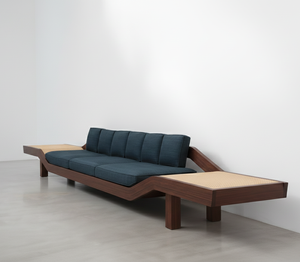 Canapé-lit deux places en bois massif de style mid-century moderne avec tables d'appoint intégrées et accents en rotin par Manish Art Handicrafts - Product Image 2