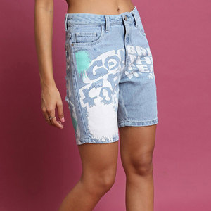 Shorts en jean taille haute pour femmes avec imprimé graphique, style streetwear, cinq poches, 100% coton, tissu tissé respirant - Product Image 4