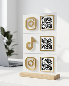 Clear <b>Acrylic</b> Modern Vertical Countertop Logo <b>Mirror</b> Social Media Business QR Code Sign Stand Plaque with Wooden Base - Product Image 2