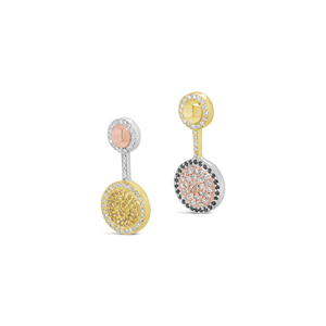 Boucles d'oreilles pendantes asymétriques Aurelia Pavé en or massif 18 carats avec diamants de laboratoire blancs, jaunes et noirs D/E-VVS-VS - Product Image 1