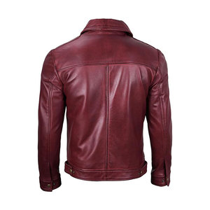 Veste de motard en cuir véritable bordeaux pour homme avec fermeture éclair, col rabattable, coupe classique, pour l'automne - Product Image 2
