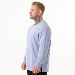 เสื้อฮู้ดผู้ชายขายดี สีฟ้าอ่อน คอกลม ผ้าถักเนื้อคอตตอน สีพื้น สวมใส่สบาย ทรงโอเวอร์ไซส์ - Product Image 4