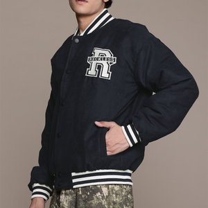 Reckless <b>Men's</b> Navy Varsity <b>Jacket</b> Embroidered Letter R Preppy Style Turn-down Collar Regular Fit Autumn Wear bomber embroidery - Product Image 2