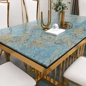 Blue <b>Marble</b> <b>Top</b> Stainless Steel Gold Dining Table Set 6 Seater Modern Designer Dining Table with Upholstered Chairs Luxury - Product Image 3