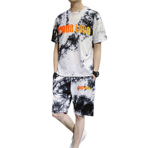 ชุดเสื้อยืดและกางเกงขาสั้นผ้าฝ้ายย้อมสีไทไดสำหรับผู้ชาย สวมใส่สบายในฤดูร้อน พร้อมโลโก้พิมพ์ด้านหน้าตามสั่ง ผ้าถักระบายอากาศได้ดี - Product Image 4
