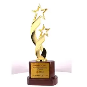 Trofeo de premio con diseño de doble estrella y base de madera para reconocimiento corporativo, logro anual, empleado. - Product Image 3