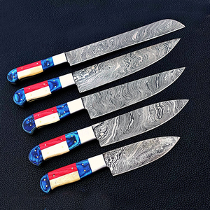 Viking Art Custom Handmade 5-Piece Chef <b>Set</b> Damascus Steel Resin Handles Leather Sheath <b>Sharp</b> <b>Knives</b> Ambidextrous - Product Image 4