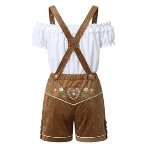 Brown Embroidered Unisex Lederhosen Shorts With White <b>Shirt</b> Casual Bavarian Style High Waist Breathable Woven Fabric - Product Image 2