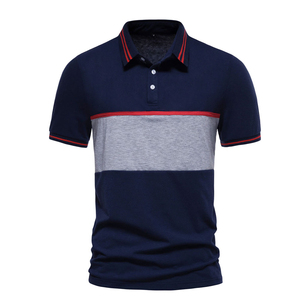 เสื้อโปโลแขนสั้นผู้ชาย สีกรมท่า-เทา ตัดต่อสี ทรงลำลอง ผ้าถัก ระบายอากาศได้ดี ทรงปกติ - Product Image 1