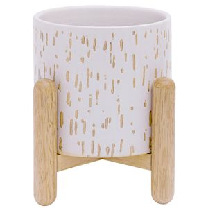 Set Moderno di Supporti per Piante in Ceramica e Legno, 6"D X 5.5"H, Bianco, Ecologico, Vaso da 3 Galloni - Product Image 1
