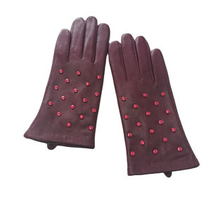 Burgundy Leather Wrist <b>Gloves</b> With Red Studs Thermal Unlined Plain Style Daily Use Winter Casual - Product Image 1