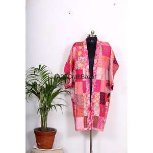 Robe kimono légère pour femme 100 % coton, col en V, manches trois-quarts, imprimé floral, douce, respirante, avec cordon de serrage, idéale pour les vacances - Product Image 1