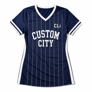 Maillot de baseball rayé bleu personnalisé avec logo imprimé, col en V, manches courtes, mini-robe athlétique pour femme – Vêtements de sport en gros - Product Image 5