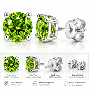 Pendientes de botón personalizados OEM de plata de ley 925 con peridoto verde, engaste de cuatro garras, unisex, joyería de moda con piedra de nacimiento de agosto - Product Image 4