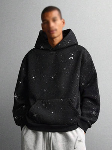 Sudadera con capucha para hombre con pedrería negra, hombros caídos, de algodón polar, estilo urbano, peso pesado, fabricante de marca privada - Product Image 5