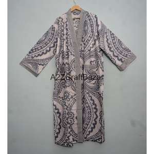 ชุดคลุมกิโมโนผ้าฝ้ายแท้ 100% ลายทาง สำหรับผู้หญิง งานแฮนด์เมด พิมพ์ลายดอกไม้  น้ำหนักเบา คอวี  ผูกเชือก - Product Image 1