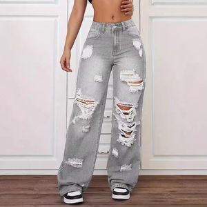 Jean baggy déchiré taille haute pour femme, coupe large, en denim, style streetwear décontracté, mode, OEM, personnalisé, vente en gros - Product Image 2