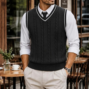 Men's <b>Black</b> V Neck Knitted <b>Sleeveless</b> Vest Acrylic Solid Color Anti Pilling Autumn Wear - Product Image 3
