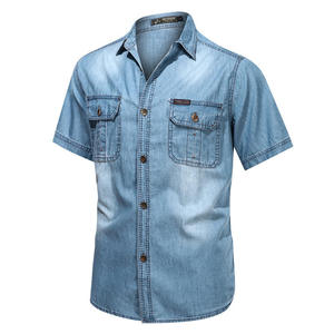 Vintage Wash Anti-Wrinkle Breathable Cotton Button Casual Summer Fashion Short Sleeve Relaxed Fit <b>Workwear</b> <b>Jeans</b> Shirt Wholesale - Product Image 1