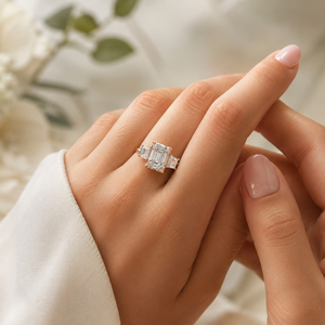 Meilleur Prix Bague de Luxe en Argent 925 Plaqué Or 18K avec Diamant de Laboratoire Tri Stone Taille Émeraude Fantaisie, Clarté VVS1-VS1, 11x8mm, Certifié IGI - Product Image 2