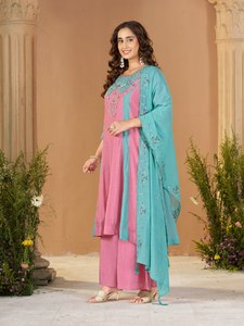 Ensemble Kurta en coton brodé bleu turquoise et rose avec pantalon palazzo et dupatta - Product Image 3