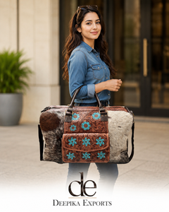 Travel Bag <b>Big</b> Size Hand Tooled Carving Cowhide Leather Luggage Bags Handmade Bag Unisex Turquoise Color Flower <b>Handbag</b> - Product Image 6