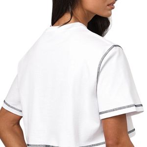 Camiseta Corta Blanca para Mujer, Cuello Redondo con Costuras en Contraste, Corte Holgado, Estilo Casual, Moda Veraniega, Ropa Urbana - Product Image 4