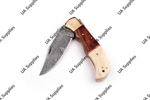 มีดพับคุณภาพสูงเหล็กดามัสกัสสำหรับแคมป์ปิ้ง ใบมีดแบบคลิปพอยต์ ด้ามทำจากกระดูกอูฐและไม้พะยูง ขายส่งแบบ OEM - Product Image 6