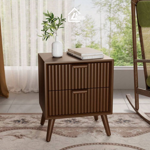 Table de chevet en bois cannelé avec 2 tiroirs |   Table de chevet moderne pour chambre à coucher et hôtel - Product Image 1