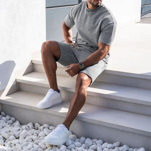 Mens Grey Textured T Shirt And Shorts Set Slim Fit Summer Casual Matching Set Lightweight Breathable Cotton Polyester Outfit - Product Image 5