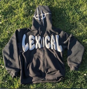 Sweat à capuche zippé noir pour homme, motif graphique, style hip-hop streetwear, 100% coton, coupe oversize, effet vieilli, collection automne, 350g - Product Image 2
