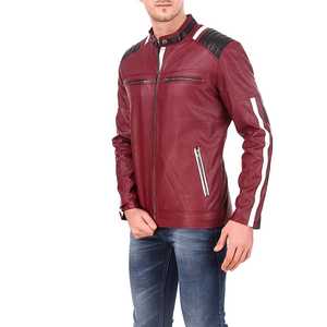 Blouson en cuir rouge pour homme, col montant, fermeture éclair, coupe ajustée, manches classiques, couleur unie, style motard, respirant, en laine - Product Image 3
