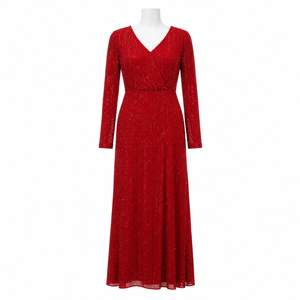 Women Red <b>Sequin</b> Maxi Dress Long Sleeve V Neck Wrap Style Elegant Sparkle Evening Gown Party Wedding Formal Cocktail Occasion - Product Image 1