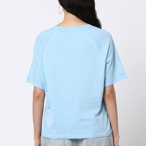 Camiseta Corta Azul Claro para Mujer, Cuello Redondo, Manga Corta, Corte Holgado, Color Sólido, Algodón Jersey, Transpirable, Top de Verano - Product Image 2