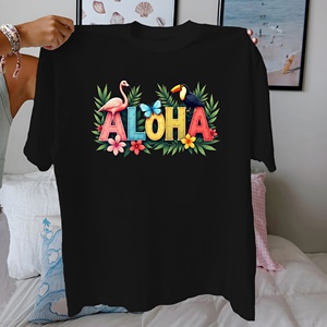 เสื้อยืดพิมพ์ลายถักนิตติ้งสำหรับผู้หญิงสไตล์ลำลองธีมทรอปิคอล ALOHA ผลิตจากผ้าฝ้าย 100% ให้ความสบาย - Product Image 2