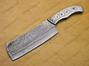 Cuchillo de carnicero de acero de Damasco hecho a mano con funda de cuero |   Cuchillo de Carnicero Forjado de Alta Resistencia, Cuchillo Tracker OEM para Bricolaje - Product Image 3