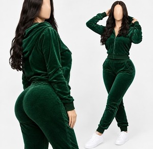 <b>Women's</b> <b>Green</b> <b>Fleece</b> Eco-Friendly Winter Hooded Tracksuit Set Zip up Top and Long Pants Casual 2 Piece Outfit - Product Image 1