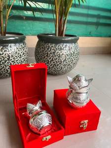 Indian German Silver Plated <b>Small</b> mangal kalash with red velvet <b>box</b> Pooja Kalash Lota with Coconut Leaves wedding return <b>gift</b> - Product Image 3