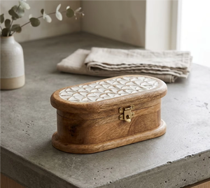 One Handed Bid Wooden Handcrafted Small Chest Oval Shape for <b>Tabletop</b> <b>Storage</b> Wooden Box Multifunction Home/Office Decor Uttar - Product Image 3