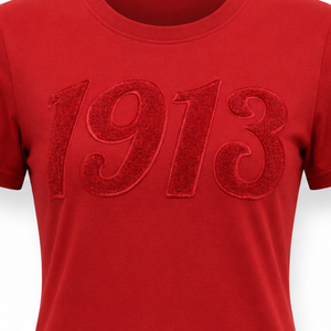 Camiseta Personalizada con Letras Griegas para Mujer, Color Rojo, Negro y Crema, Chenille 1913 DST, para Verano, Cuello en V, Corte Ajustado, 100% Algodón - Product Image 5