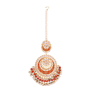 Tikka Kundan étnica chapada en oro con perla de esmalte azul, joyería hecha a mano para la frente, para mujeres, para bodas - Product Image 1