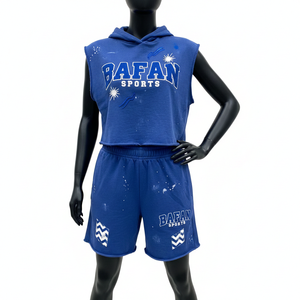 Conjunto de Sudadera Corta sin Mangas y Pantalones Cortos para Mujer, 100% Algodón, Felpa Francesa de Algodón y Poliéster, Logotipo Estampado en Azul - Product Image 6