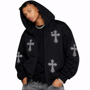Sweat-shirts à capuche en molleton de coton noir à motif croix en strass pour hommes, fabrication de vêtements en gros avec logo personnalisé - Product Image 1